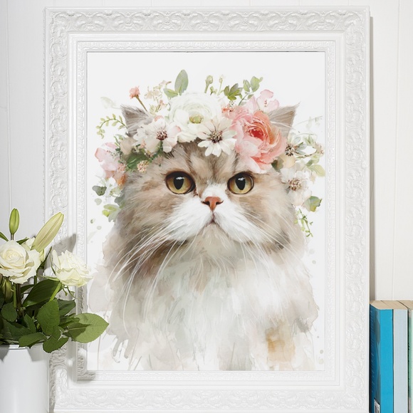 Watercolor Ragdoll Cat with Flower Crown Wall Art Print Unframed - Picture 6 of 7
